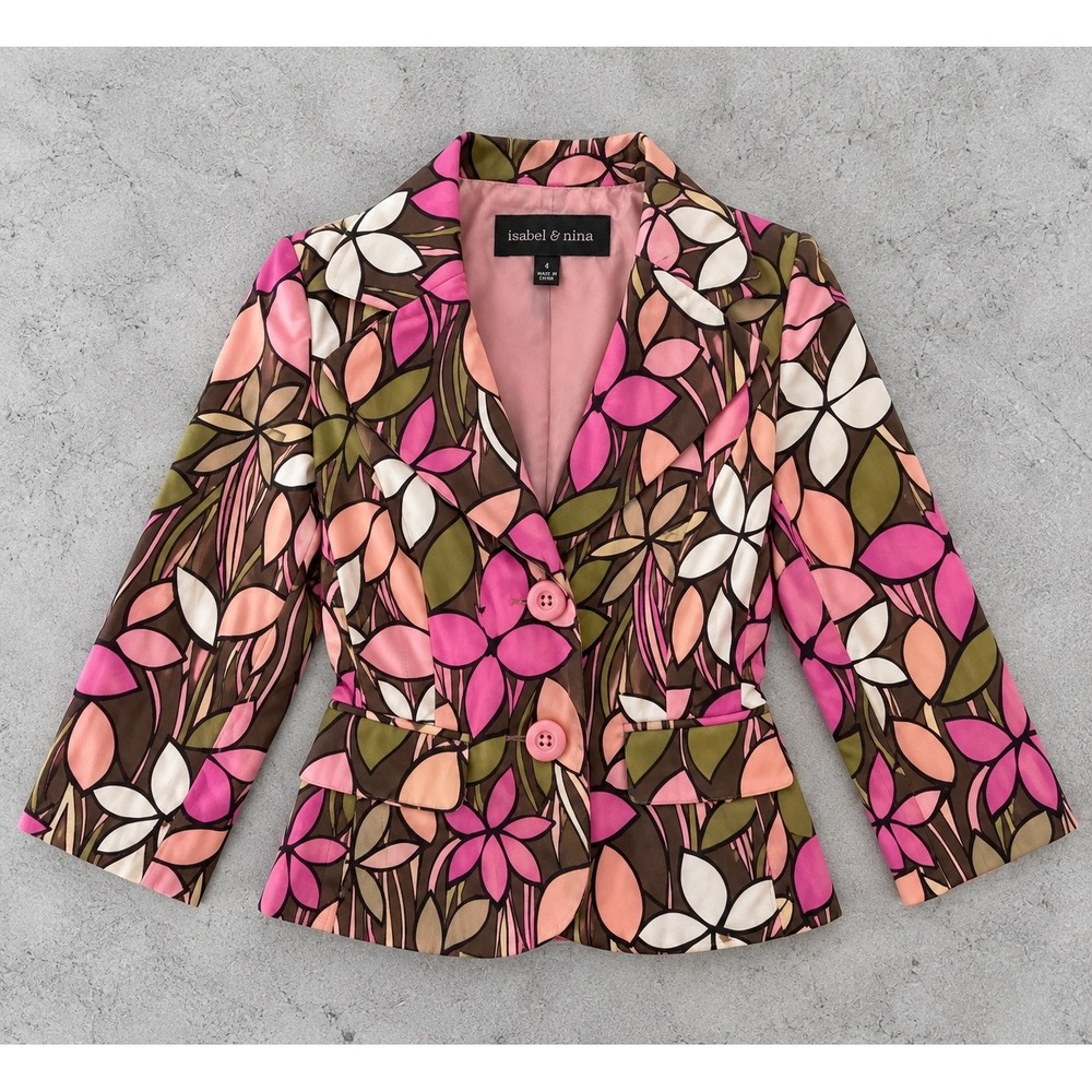 Isabel & Nina Floral Blazer Jacket Pink Brown 3/4 Sleeve Womens 4 Y2K Retro Mod